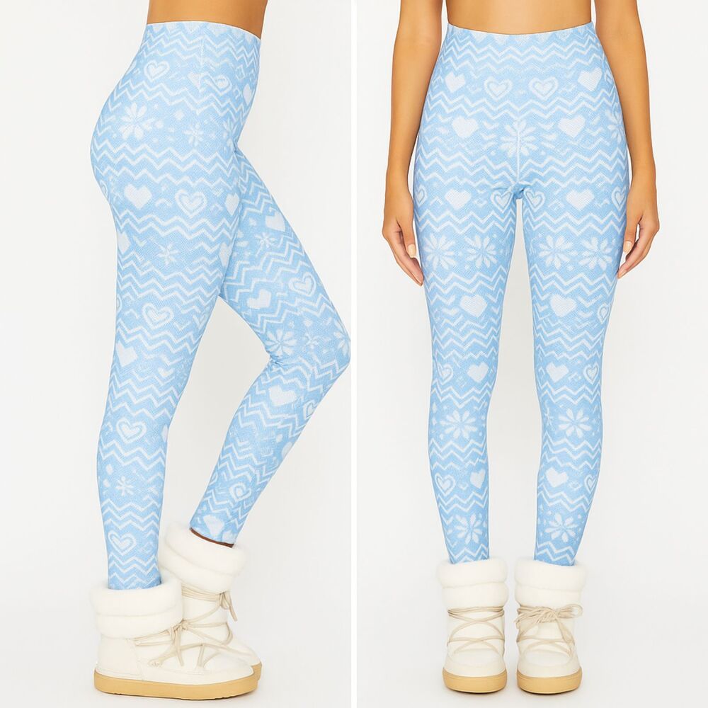 BEACH RIOT Fair Isle Leggings XS Blue White Snowflake Heart Knit Pattern Stretch